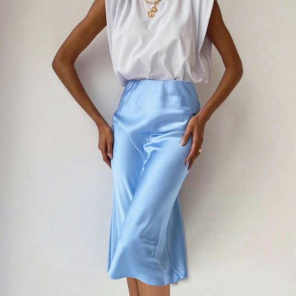 Women Solid High Waist Silky Casual Elastic Satin Midi Skirt
