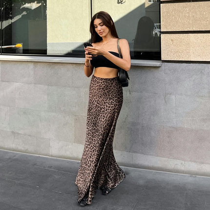 Women's Leopard Print Maxi Skirt High Waisted A-Line Casual Party Long Skirts