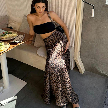 Women's Leopard Print Maxi Skirt High Waisted A-Line Casual Party Long Skirts