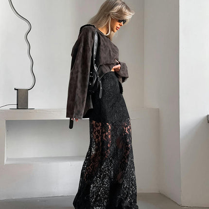 Women Sexy Sheer Maxi Skirt Floral Lace Mesh High Waisted Long Skirts