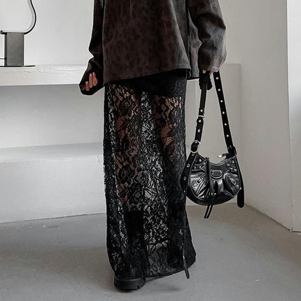Women Sexy Sheer Maxi Skirt Floral Lace Mesh High Waisted Long Skirts