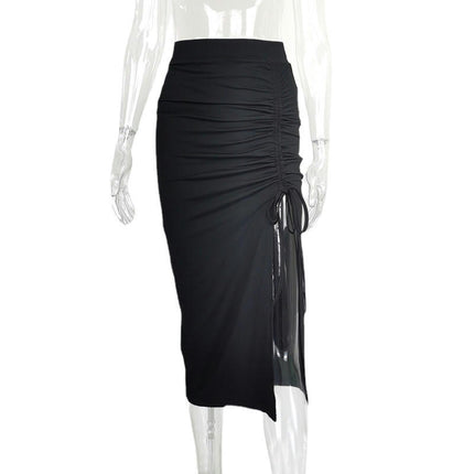 Women's Casual Thigh Slit Drawstring Ruched High Waist Summer Bodycon Midi Skirts