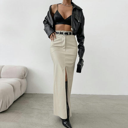 Women's Faux Leather Maxi Skirt Bodycon High Waisted Slit Casual Long Skirts