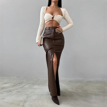 Women's Faux Leather Maxi Skirt Bodycon High Waisted Slit Casual Long Skirts