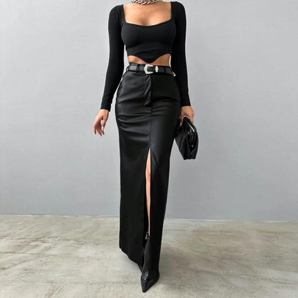Women's Faux Leather Maxi Skirt Bodycon High Waisted Slit Casual Long Skirts