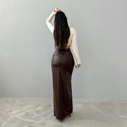 Women's Faux Leather Maxi Skirt Bodycon High Waisted Slit Casual Long Skirts