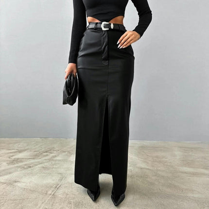 Women's Faux Leather Maxi Skirt Bodycon High Waisted Slit Casual Long Skirts