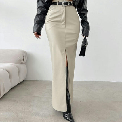 Women's Faux Leather Maxi Skirt Bodycon High Waisted Slit Casual Long Skirts