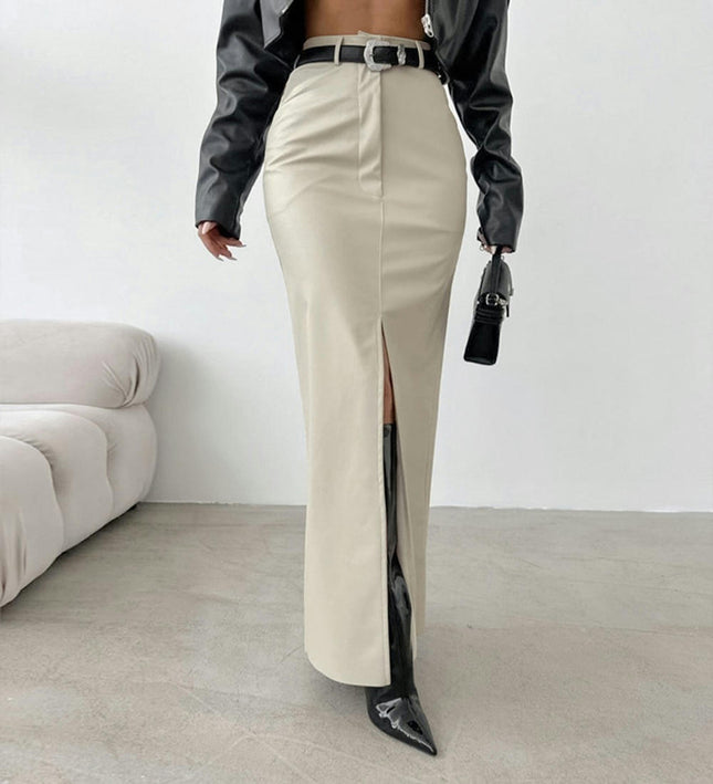 Women's Faux Leather Maxi Skirt Bodycon High Waisted Slit Casual Long Skirts