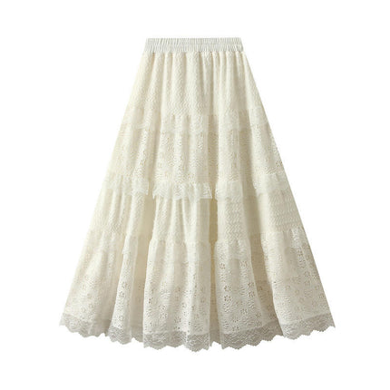 Womens Lace Skirts Elastic High Waist Tiered Flowy Beach Midi Skirt