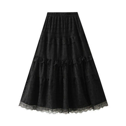 Womens Lace Skirts Elastic High Waist Tiered Flowy Beach Midi Skirt