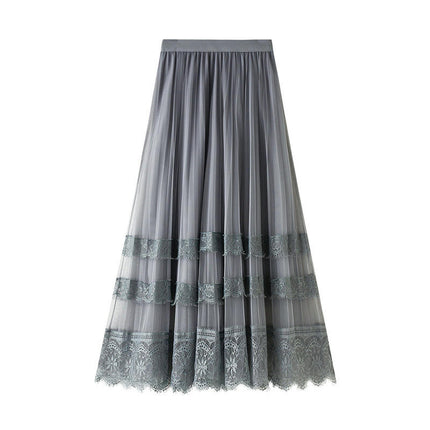 Women Elastic High Waist Lace Tulle Skirt A line Swing Pleated Midi Skirt