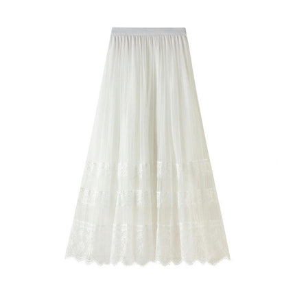 Women Elastic High Waist Lace Tulle Skirt A line Swing Pleated Midi Skirt
