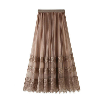 Women Elastic High Waist Lace Tulle Skirt A line Swing Pleated Midi Skirt