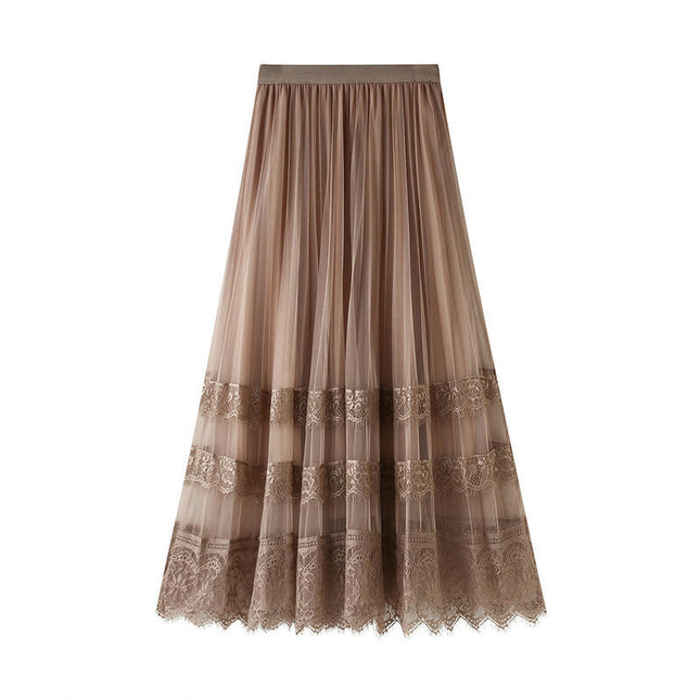 Women Elastic High Waist Lace Tulle Skirt A line Swing Pleated Midi Skirt