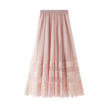 Women Elastic High Waist Lace Tulle Skirt A line Swing Pleated Midi Skirt