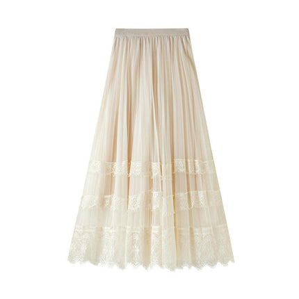 Women Elastic High Waist Lace Tulle Skirt A line Swing Pleated Midi Skirt