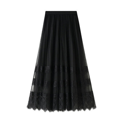 Women Elastic High Waist Lace Tulle Skirt A line Swing Pleated Midi Skirt