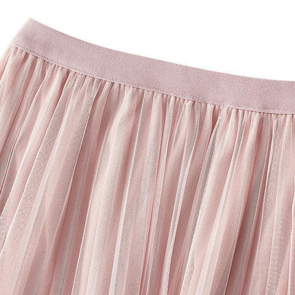 Women Elastic High Waist Lace Tulle Skirt A line Swing Pleated Midi Skirt