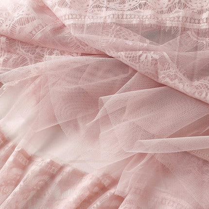 Women Elastic High Waist Lace Tulle Skirt A line Swing Pleated Midi Skirt