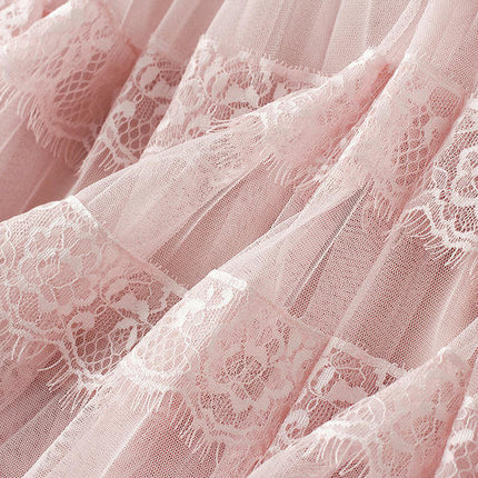 Women Elastic High Waist Lace Tulle Skirt A line Swing Pleated Midi Skirt