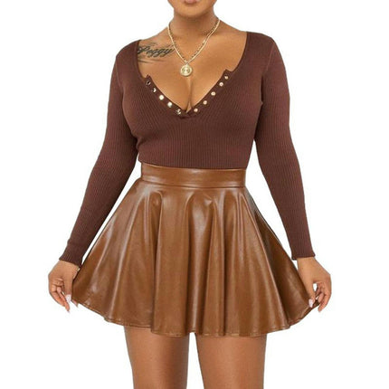 Women's Faux Leather High Waist Pleated Flared Mini Skirt