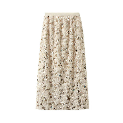 Women's Sequin Maxi Skirt - High Waist Elegant Sparkle Fringe Split Pencil Skirt