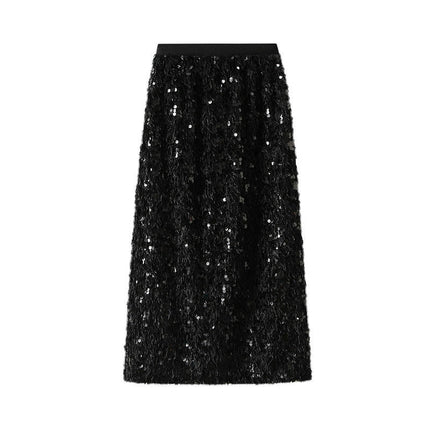 Women's Sequin Maxi Skirt - High Waist Elegant Sparkle Fringe Split Pencil Skirt