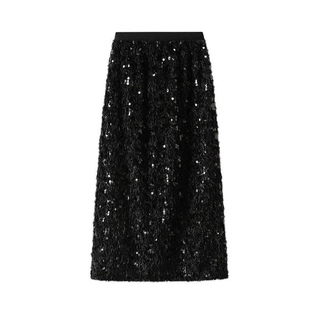 Women's Sequin Maxi Skirt - High Waist Elegant Sparkle Fringe Split Pencil Skirt