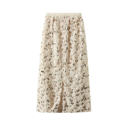 Women's Sequin Maxi Skirt - High Waist Elegant Sparkle Fringe Split Pencil Skirt