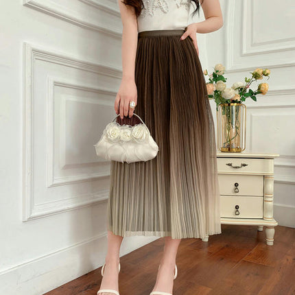 Womens Elastic High Waist Skirt Pleated A-Line Swing Midi Skirt