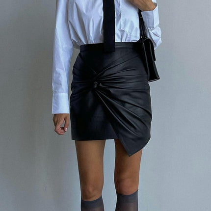 Women's Fuax Leather Skirts High Waist Twist Front Ruched Short Bodycon Pencil Mini Skirt