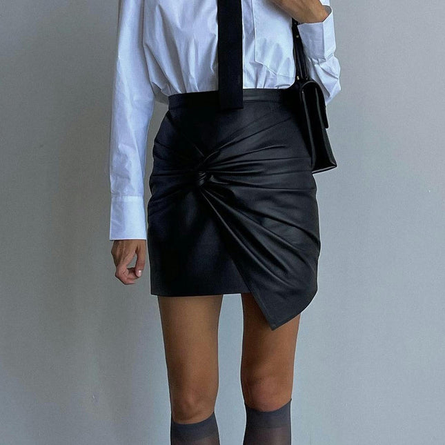 Women's Fuax Leather Skirts High Waist Twist Front Ruched Short Bodycon Pencil Mini Skirt