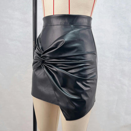 Women's Fuax Leather Skirts High Waist Twist Front Ruched Short Bodycon Pencil Mini Skirt