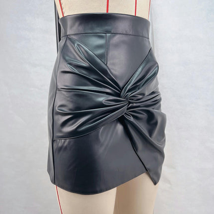 Women's Fuax Leather Skirts High Waist Twist Front Ruched Short Bodycon Pencil Mini Skirt