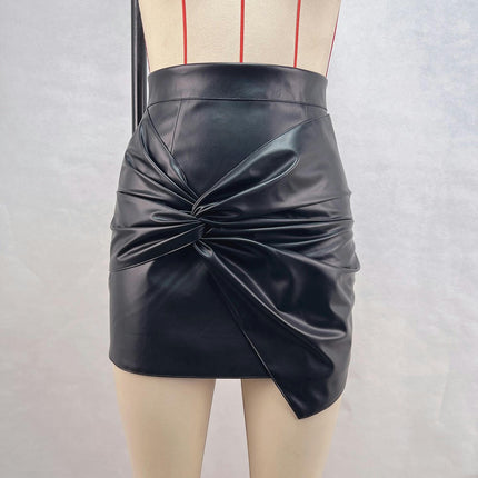Women's Fuax Leather Skirts High Waist Twist Front Ruched Short Bodycon Pencil Mini Skirt