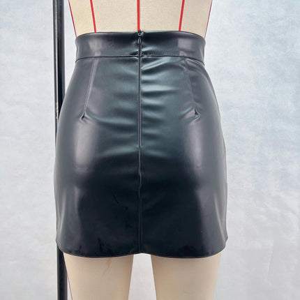 Women's Fuax Leather Skirts High Waist Twist Front Ruched Short Bodycon Pencil Mini Skirt