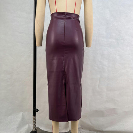 Womens Faux Leather Long Skirt High Waisted Maxi Skirt with Slit