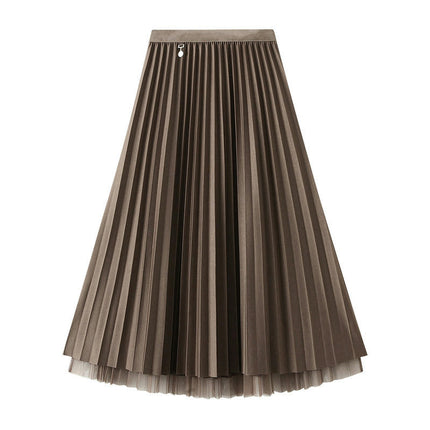 Women's Pleated Tulle Skirt Elastic High Waist Layered A-Line Midi Skirt