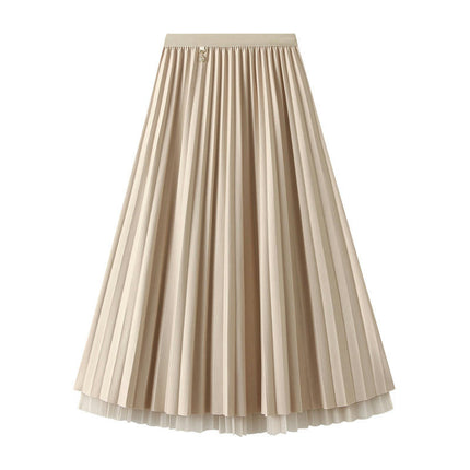 Women's Pleated Tulle Skirt Elastic High Waist Layered A-Line Midi Skirt