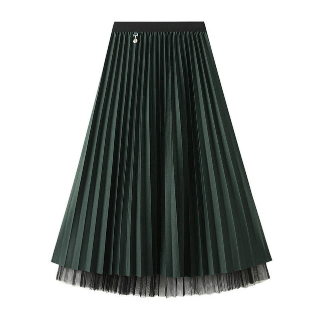 Women's Pleated Tulle Skirt Elastic High Waist Layered A-Line Midi Skirt