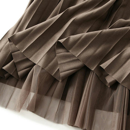 Women's Pleated Tulle Skirt Elastic High Waist Layered A-Line Midi Skirt