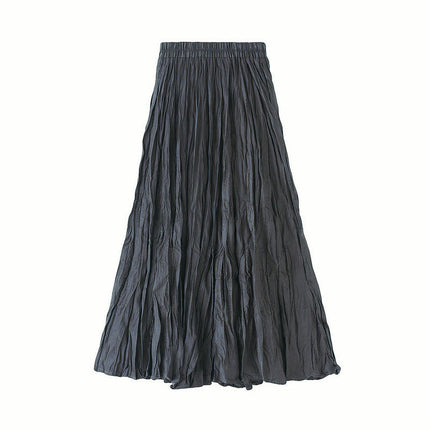 Women's Elastic High Waist Skirt Pleated A-line Swing Midi Skirt B