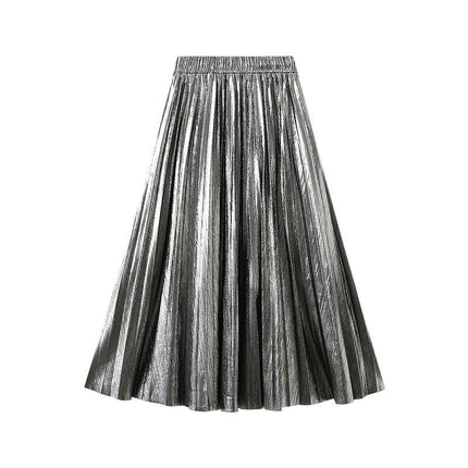 Women's Party Elastic Waist Metallic Shiny Accordion Pleated Midi Skirt