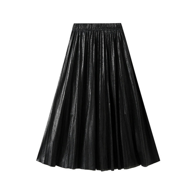 Women's Party Elastic Waist Metallic Shiny Accordion Pleated Midi Skirt