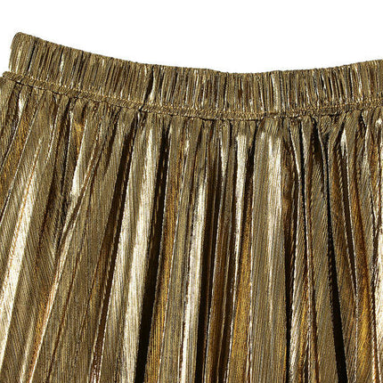 Women's Party Elastic Waist Metallic Shiny Accordion Pleated Midi Skirt