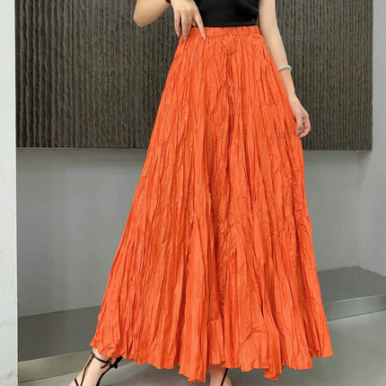 Women Elastic High Waist Maxi Skirt Flowy A Line Swing Pleated Long Skirts