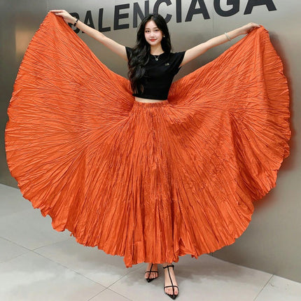 Women Elastic High Waist Maxi Skirt Flowy A Line Swing Pleated Long Skirts