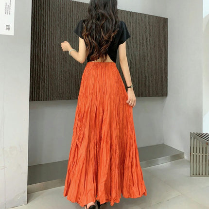Women Elastic High Waist Maxi Skirt Flowy A Line Swing Pleated Long Skirts