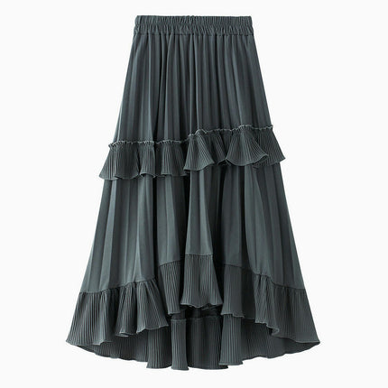 Womens Elastic High Waist Flowy Pleated Skirt Swing A-line Layered Ruffle Midi Skirt